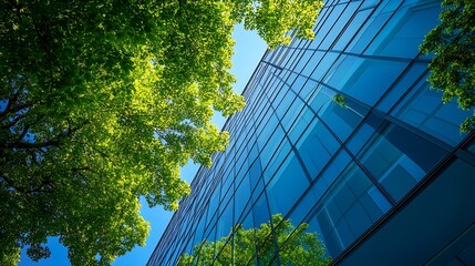 Wall Mural - Ecofriendly building in the modern city Sustainable glass office building with trees for reducing heat and carbon dioxide Office building with green environment Corporate building redu : Generative AI