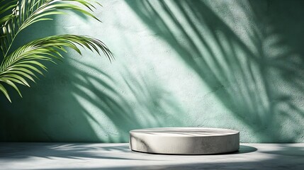 Aufkleber - Minimal abstract background for the presentation of a cosmetic product Premium podium with a shadow of tropical palm leaves on a pastel green wall and gray table Showcase display case : Generative AI
