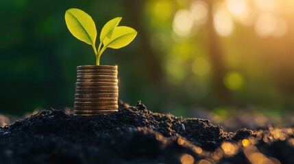 Wall Mural - A stack of coins with a young plant growing beside it, symbolizing the synergy of financial saving and growth in a simple setting