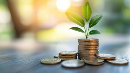 A stack of coins with a young plant growing beside them, symbolizing financial growth and the concept of saving in a bright, modern setting