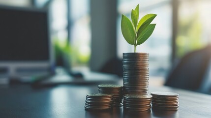 A stack of coins with a young plant growing on top, in a modern office setting, symbolizing investment