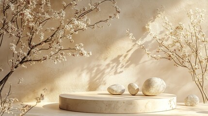 Aufkleber - Composition empty podium material tree stone dry flowers Product presentation Background beige green Beautiful background from natural materials : Generative AI