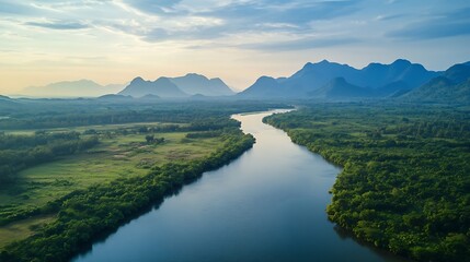 Poster - Beautiful natural scenery of river in southeast Asia tropical green forest  with mountains in background aerial view drone shot : Generative AI