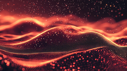 Wall Mural - Abstract red particles wave is forming cyber technology terrain on dark background