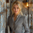 © Hype2Art - Professional blonde woman in a suit smiling in rustic lighting with an industrial background
