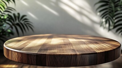 Leinwandbilder - Empty beautiful round wood table  top counter on  interior in clean and bright with shadow background Readywhite background for product montage : Generative AI