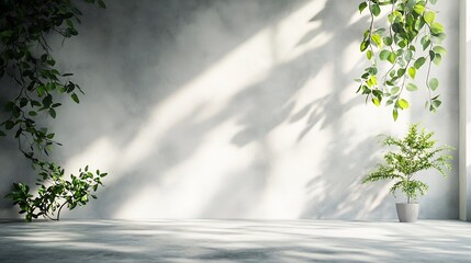 Fototapete - Background White Wall Studio with  Shadow Leaves light Cement floor Surface Texture BackgroundEmpty Kitchen Room with Podium DisplayTop Shelf BarBackdrop Concrete backgroundCosmetic Pr : Generative AI
