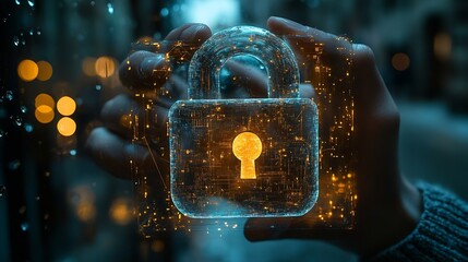 Fototapete - Cyber security and data protection businessman holding padlock Internet network security system protecting business and financial transaction data from cyberattacks secure data encrypt : Generative AI