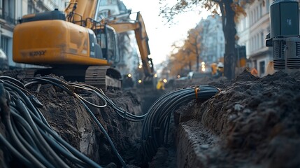 Various electrical cables dug out from the ground on the street laying underground  for technical work at the construction site : Generative AI