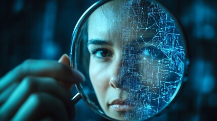 Leinwandbilder - Know your customer KYC concept Person use magnifying glass focus to identity verification system for Increase financial security and access personal financial data Biometrics security : Generative AI