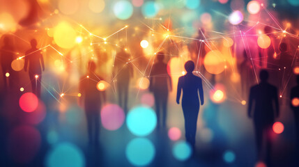 Aufkleber - Businesspeople are walking through an abstract cityscape with glowing network connection at night