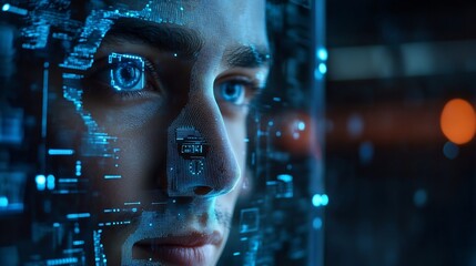 Leinwandbilder - Facial recognition biometric security system cyber security network technology data protection concept Businessman using digital tablet with face scanning unlocked to access personal d : Generative AI