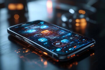 Wall Mural - A futuristic smartphone with glowing icons and a dark background, showcasing a futuristic and high-tech interface.