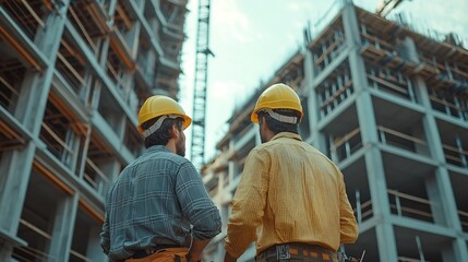 Wall Mural - Construction engineer and foreman having a discussion together at the construction site Construction or civil engineers discuss for a building plan and architecture development : Generative AI