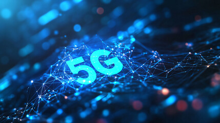 Aufkleber - The advanced 5g network effortlessly links data points against a vibrant blue background, epitomizing the future of technology and communication