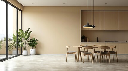 Sticker - Modern interior design of apartment dining room with table and chairs empty living room with beige wall panorama : Generative AI