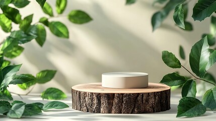 Poster - Minimal modern product display on neutral beige background Wood slice podium and green leaves Concept scene stage showcase for new product promotion sale banner presentation cosmetic : Generative AI