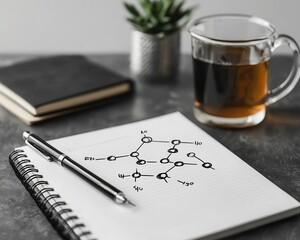 Close-up of a chemical compound diagram on a notebook, scientific notation, chemistry study