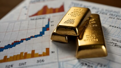 Close-up of gold bars alongside trading graphs.