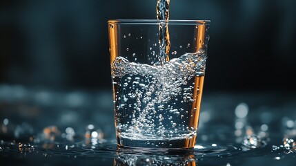 Poster - pouring drinking water in a transparent glass isolated on abstract background with glass table water resource concept with copy space : Generative AI