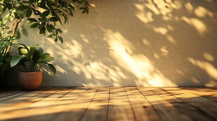 Aufkleber - Room interior empty space background mock up sunlight and shadows room walls cozy summer warm room with sunlight and leafs shadows and wooden blank parquet floor : Generative AI