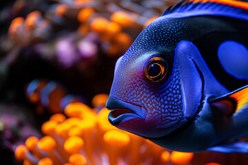 Poster - Tropical fish in aquarium with blue vibrant colors and coral underwater exciting marine wildlife