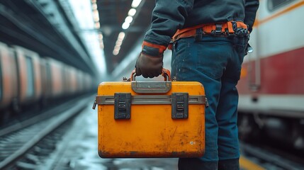 Fototapete - back technician or engineer holding tool box for fixing the train at construction site : Generative AI