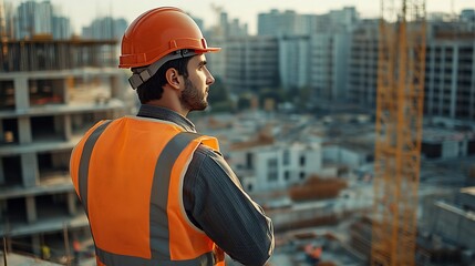 Leinwandbilder - Construction site manager standing  wearing safety vest and helmet thinking at construction site Young architect watching construction site with confidence : Generative AI