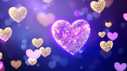Wall Mural - glittering golden and purple hearts float against a dreamy bokeh backdrop, creating a festive and ro