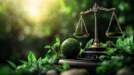 Environment Law Green World and gavel with scales of justice on the green law for principles of sustainable environmental conservation law that governs how humans interact with their e : Generative AI