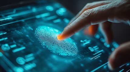 Leinwandbilder - Biometric security network privacy data protection man fingerprint identification touch screen to access personal financial data mobile banking app cybersecurity technology : Generative AI