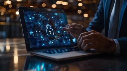Leinwandbilder - Cyber security network Data protection concept Businessman using laptop computer and digital tablet with padlock on network security technology with cloud computing data management cyb : Generative AI