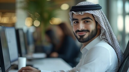 Aufkleber - Smiling young middle eastern businessman sitting at worktable at modern office typing on computer keyboard sending emails to his business partners working on marketing research copy sp : Generative AI