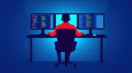 Programmer at work with multiple screens, code editor, flat design illustration