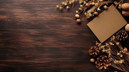 A wooden table with a brown background and a gold card on top. The card is empty and the background is decorated with pine cones and other natural elements. Scene is warm and inviting