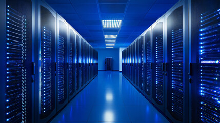 Poster - Rows of network servers are storing and processing data in a modern datacenter with blue lights