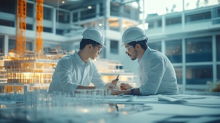 Poster - Engineers sit and work on building design and system workconstruction work safetyconstruction business and real estate : Generative AI