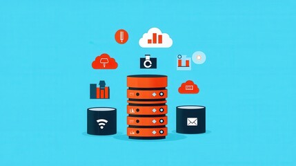 Data engineer designing pipeline, database and cloud icons, flat design illustration