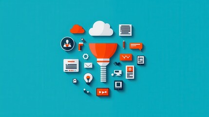 Data engineer designing pipeline, database and cloud icons, flat design illustration