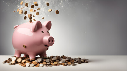 saving money by adding coin in pig shaped bank after retirement and record keeping of income, expenditure, savings and financial concepts. Generative Ai.