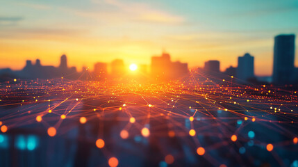 Aufkleber - Network of illuminated dots and lines over a blurred cityscape at sunset, representing global connection and technology