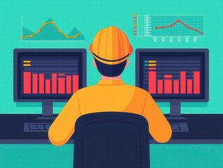 Engineer optimizing website speed, loading icons and graphs, flat design illustration
