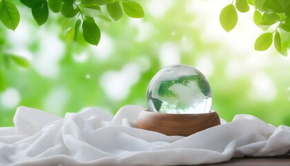 Wall Mural - shimmering glass globe resting in a rustic wooden bowl on a table