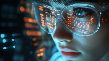 Software data hologram and woman with code analytics information technology and gdpr overlay Programmer coding or IT person in glasses reading html script programming and cyber securit : Generative AI