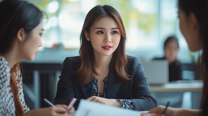 Asian women discussing about business plan Asia female team analyze business data at office : Generative AI