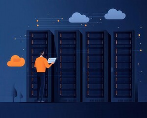 software engineer monitoring servers, cloud and network status, flat design illustration
