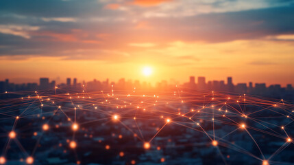 Poster - Futuristic city skyline at sunset connected by a glowing network, symbolizing modern technology and communication in a digital age