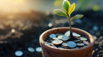 A sapling with leaves made of coins, growing in a pot full of change, highlighting smart saving and investment