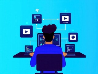 Software engineer creating API, interconnected system, flat design illustration