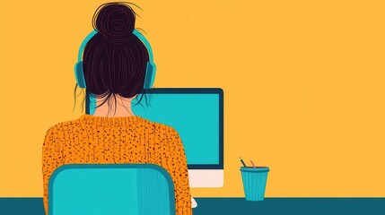 Female programmer creating apps, modern office environment, flat design illustration